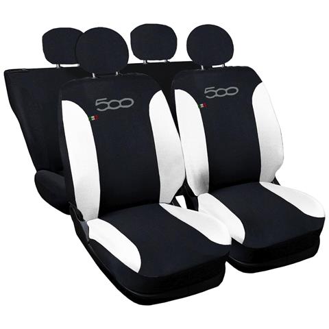 Coprisedili Auto Compatibili Per 500, Made In Italy, Set Di Copri Sedili Anteriori E Posteriori (unico Colore) Con Copri Poggiatesta Incluso, Tessuto Poliestere, Colore - Nero \bianco - Foto 1