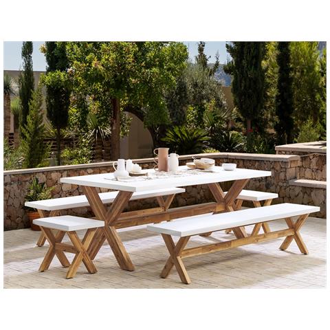 Set Da Giardino Tavolo Con 2 Panche E 2 Sgabelli In Fibra Di Cemento Bianco Olbia - Foto 1