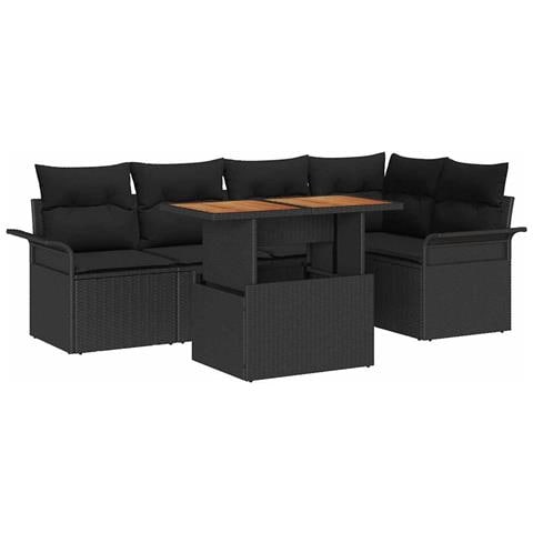 Set da Pranzo da Giardino a 6 Pezzi con Cuscini Nero Polyrattan Acacia - Foto 1