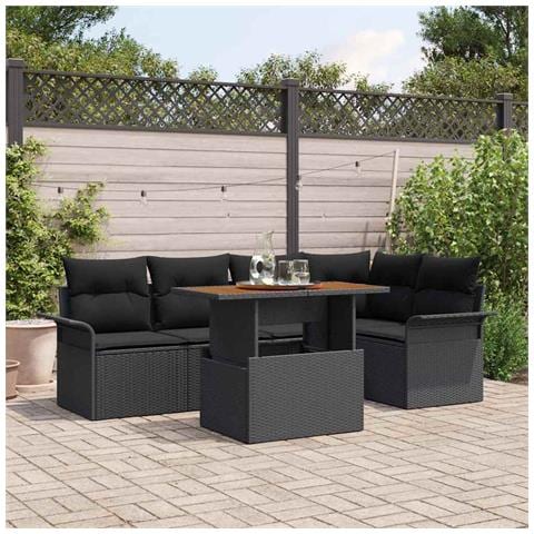 Set da Pranzo da Giardino a 6 Pezzi con Cuscini Nero Polyrattan Acacia - Foto 2
