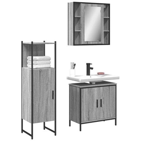 Set Mobili da Bagno 3 pz Grigio Sonoma in Legno Multistrato - Foto 2