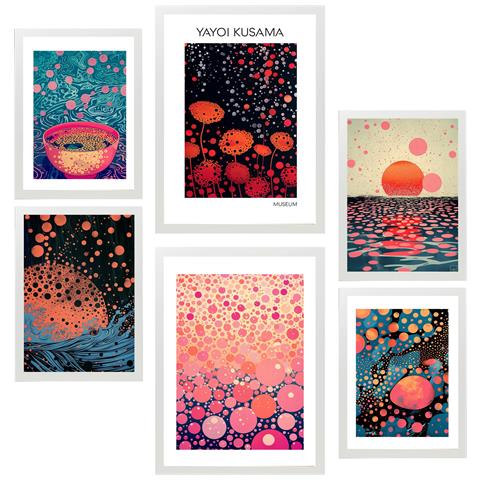 Set Di 6 Stampe Kusama Wave Incorniciato Con Illustrazioni Di Design Per Decorare Le Pareti Della Tua Casa. Negozio Di Pittura. A3 & A4 Cornice Bianca - Foto 1