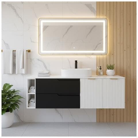 Mobile sottolavabo, Nero e beige, 140 cm, Con piano d'appoggio, 2 cassetti, MDF, 2 ante, Ripiano integrato, MODERNO - Foto 2