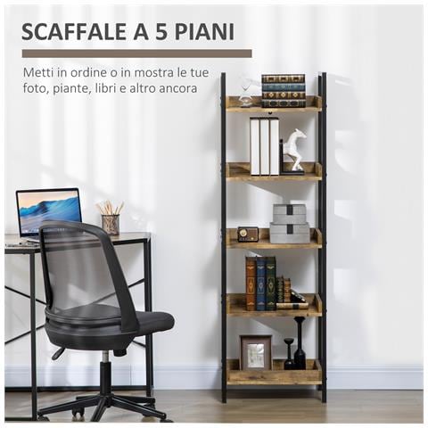 Libreria Stile Industriale A 5 Ripiani In Legno E Metallo, 48x30x155cm, Marrone Rustico - Foto 6