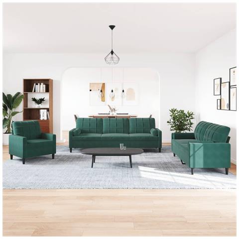 Set Di Divani 3 Pz Con Cuscini E Rinforzi Verde Scuro Velluto - Foto 3