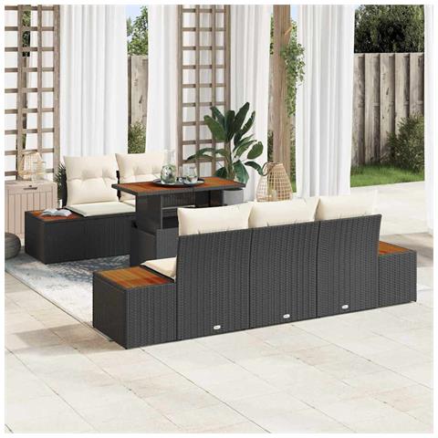 Set da Pranzo da Giardino a 6 Pezzi con Cuscini Rattan Nero Acacia - Foto 2