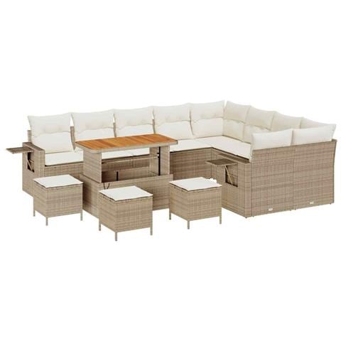 Set di divani da giardino a 13 pezzi con cuscini beige in polyrattan e acacia, Set da pranzo da giardino a 4 pezzi con cuscini beige in polyrattan e acacia - Foto 1