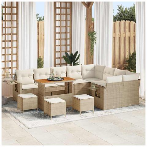 Set di divani da giardino a 13 pezzi con cuscini beige in polyrattan e acacia, Set da pranzo da giardino a 4 pezzi con cuscini beige in polyrattan e acacia - Foto 2