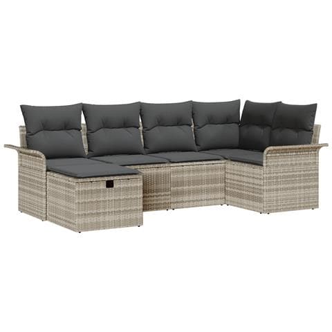 Set Divano Giardino 6 Pezzi con Cuscini in Polyrattan Grigio Chiaro, Divano Giardino 2 Posti con Ripostiglio e Cuscini in Polyrattan Grigio Chiaro - Foto 1