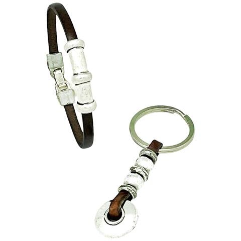 Set Portachiavi E Bracciale In Pelle Marrone Tub1 - Foto 1
