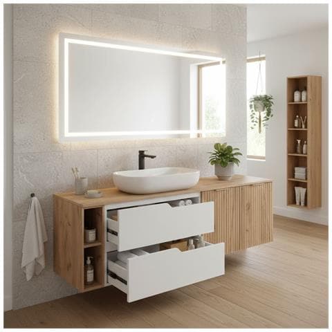 Mobile sottolavabo, Marrone e nero, 160 cm, Con piano d'appoggio, 2 cassetti, MDF, 2 ante, Ripiano integrato, MODERNO - Foto 5