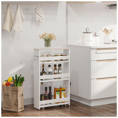 Carrello Bagno Salvaspazio A 3 Ripiani Con Rotelle E Maniglia In Legno, 48x15x80cm, Bianco - Foto 2