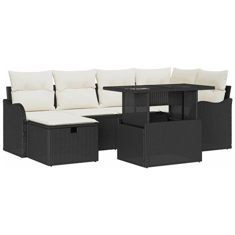 Set divano da giardino 7 pezzi con cuscini Nero Polyrattan, Divano da giardino 2 posti con stoccaggio e cuscini Nero Polyrattan - Foto 1