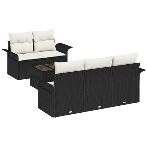 Set Divano Giardino 6 Pezzi con Cuscini in Polyrattan Nero,  Divano Giardino 2 Posti con Ripostiglio & Cuscini in Polyrattan Nero - Foto 1