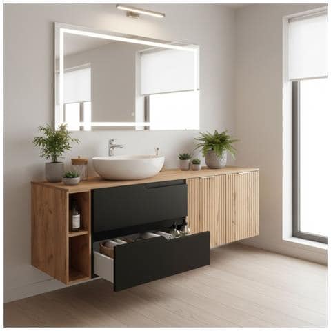 Mobile sottolavabo, Marrone e beige, 140 cm, Con piano d'appoggio, 2 cassetti, MDF, 2 ante, Ripiano integrato, MODERNO - Foto 2