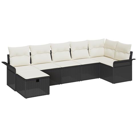 Set di divani da giardino in 7 pezzi con cuscini in polirattan nero,  Divano da giardino per 2 persone con spazio di stoccaggio e cuscini in polirattan nero - Foto 1