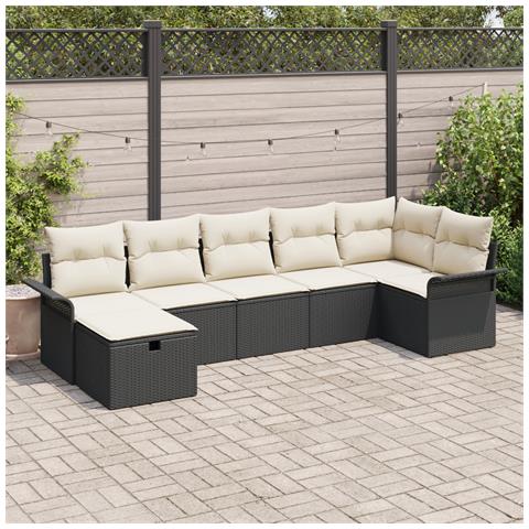 Set di divani da giardino in 7 pezzi con cuscini in polirattan nero,  Divano da giardino per 2 persone con spazio di stoccaggio e cuscini in polirattan nero - Foto 2