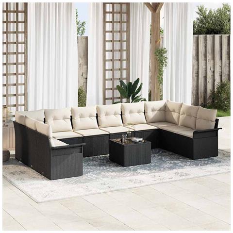 Set divano da giardino  a 10 pezzi con cuscini in polyrattan marrone, Divano da giardino a 2 posti  con spazio di stoccaggio e cuscini in polyrattan nero - Foto 2