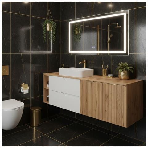 Mobile sottolavabo, Marrone e beige, 160 cm, Con piano d'appoggio, 2 cassetti, MDF, 2 ante, Ripiano integrato, MODERNO - Foto 2