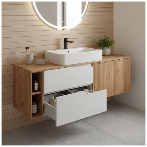 Mobile sottolavabo, Marrone e beige, 160 cm, Con piano d'appoggio, 2 cassetti, MDF, 2 ante, Ripiano integrato, MODERNO - Foto 5