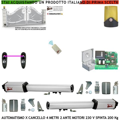 Automatismo Cancello 4 Metri 2 Ante Da 2 Metri Kit 2 Motori Elettromeccanici 230 V Spinta 2 Q.li 2 Chiavi Completo Staffe Perni Borchie Centrale Radiocomando Faro Coppia Fotocellule Cartello Monitore - Foto 1