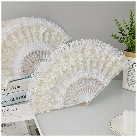 Ventaglio Da Danza In Pizzo Bianco Elegante, Accessorio Fotografico E Decorazione Per La Casa Modello 1 - Foto 2