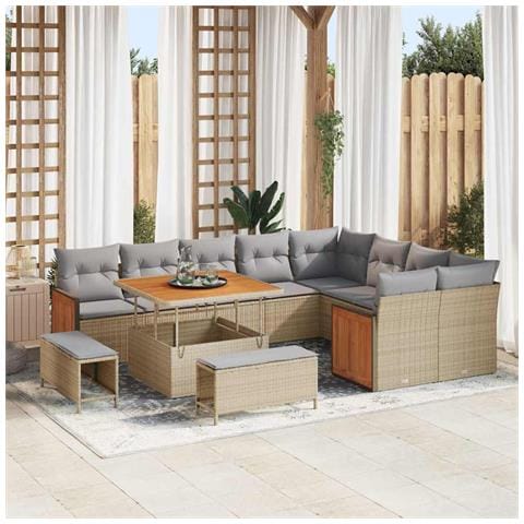 Set di divani da giardino  da 12 pezzi con cuscini Beige Rattan Polietilene Acacia, Set da pranzo da giardino  da 3 pezzi con cuscini Beige Rattan Polietilene Acacia, Divano da giardino per 2 persone  con cuscini Beige Rattan Polietilene - Foto 2