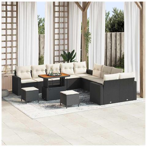 Set di Divani da Giardino a 13 Pezzi con Cuscini Nero Polirattan Acacia, Set di Mobili da Giardino a 3 Pezzi con Cuscini Nero Polirattan Acacia - Foto 2