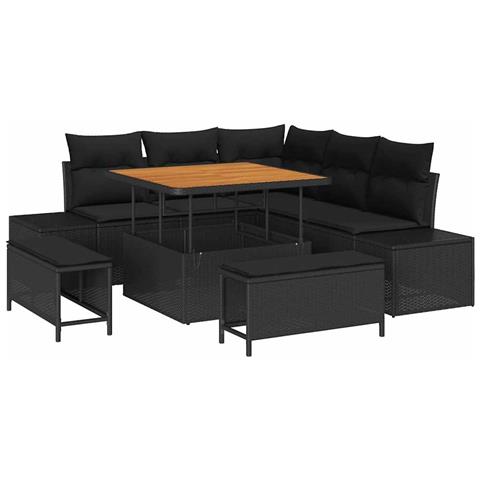 Set divani da giardino 8 pezzi con cuscini neri polyrattan acacia, Divano da giardino 2 posti con cuscini neri polyrattan, Set da pranzo da giardino 3 pezzi con cuscini neri polyrattan acacia - Foto 1
