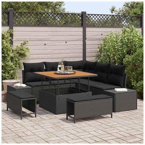 Set divani da giardino 8 pezzi con cuscini neri polyrattan acacia, Divano da giardino 2 posti con cuscini neri polyrattan, Set da pranzo da giardino 3 pezzi con cuscini neri polyrattan acacia - Foto 2