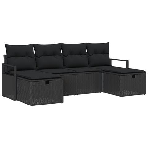 Set divano giardino 6 pezzi con cuscini in rattan polimerico nero,  divano giardino 2 posti con cuscini in rattan polimerico nero - Foto 1