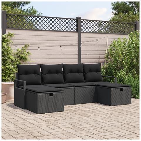Set divano giardino 6 pezzi con cuscini in rattan polimerico nero,  divano giardino 2 posti con cuscini in rattan polimerico nero - Foto 2