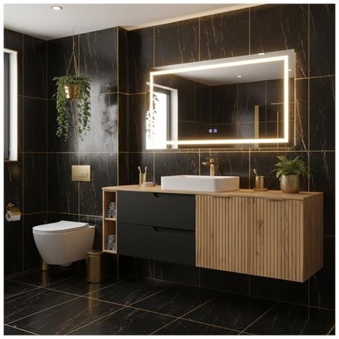 Mobile sottolavabo, Bianco e nero, 140 cm, Con piano d'appoggio, 2 cassetti, MDF, 2 ante, Ripiano integrato, MODERNO - Foto 2