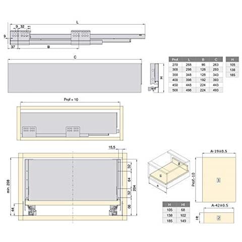 Kit Cassetto Cucina O Bagno Con Guide Ad Estrazione Totale E Chiusura Soft, Altezza 185mm E Profondità 350mm, Bianco - Foto 2