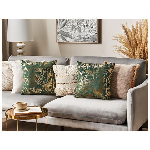 Set Di 2 Cuscini Daffodil Velluto 45 X 45 Cm Verde Smeraldo Trama Floreale - Foto 1