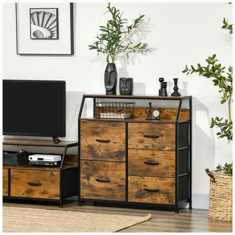 Mobile Cassettiera Con 5 Cassetti In Tessuto Pieghevoli Stile Industriale, 83.5x29x87cm, Marrone - Foto 2