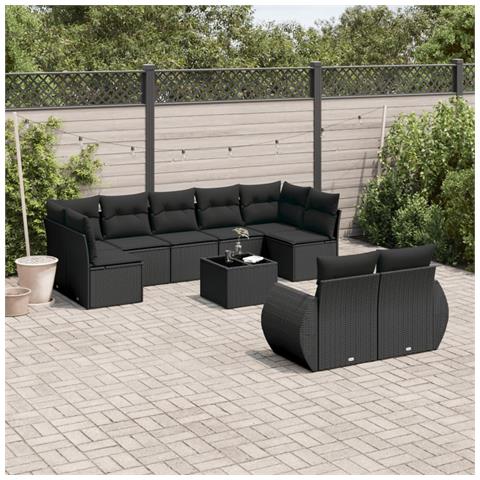 Set Divani Da Giardino 10pz Con Cuscini In Polyrattan Nero - Foto 1