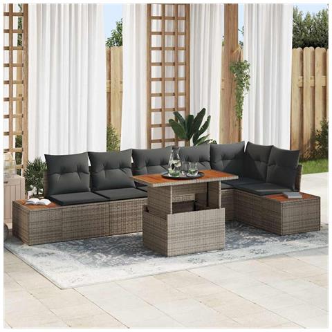 Set da Pranzo da Giardino a 7 Pezzi con Cuscini Grigio Polyrattan Acacia - Foto 2