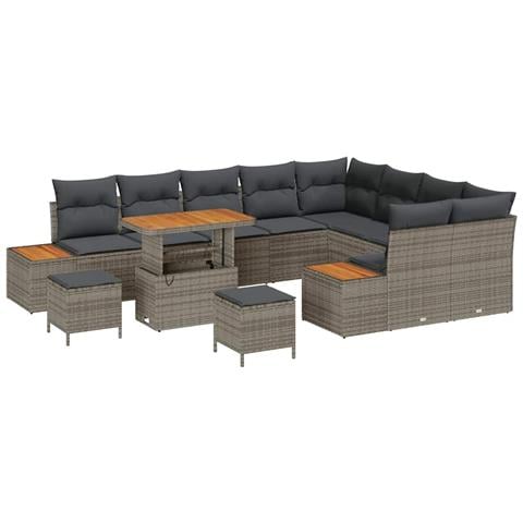 Set di Divani da Giardino  da 12 Pezzi con Cuscini Grigi in Polyrattan, Set da Pranzo da Giardino  da 3 Pezzi con Cuscini Grigi in Polyrattan - Foto 1