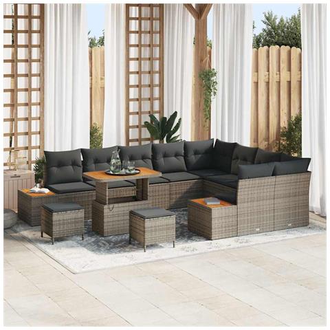 Set di Divani da Giardino  da 12 Pezzi con Cuscini Grigi in Polyrattan, Set da Pranzo da Giardino  da 3 Pezzi con Cuscini Grigi in Polyrattan - Foto 2