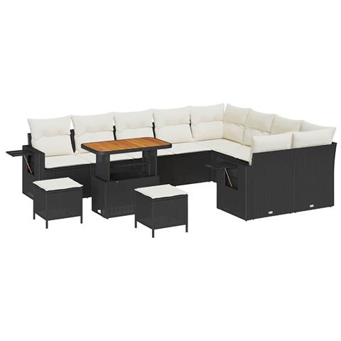 Set Divano da Giardino a 12 Pezzi con Cuscini Nero Rattan Poliacciaio, Set da Pranzo Giardino a 3 Pezzi con Cuscini Nero Rattan Poliacciaio - Foto 1