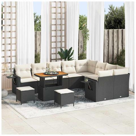 Set Divano da Giardino a 12 Pezzi con Cuscini Nero Rattan Poliacciaio, Set da Pranzo Giardino a 3 Pezzi con Cuscini Nero Rattan Poliacciaio - Foto 2