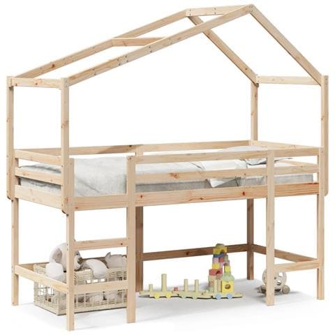 Letto Soppalco con Scala e Tetto 80x200 cm Legno Massello Pino - Foto 1