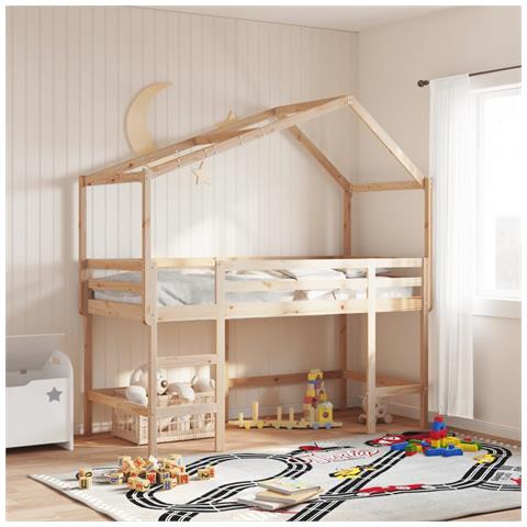 Letto Soppalco con Scala e Tetto 80x200 cm Legno Massello Pino - Foto 2