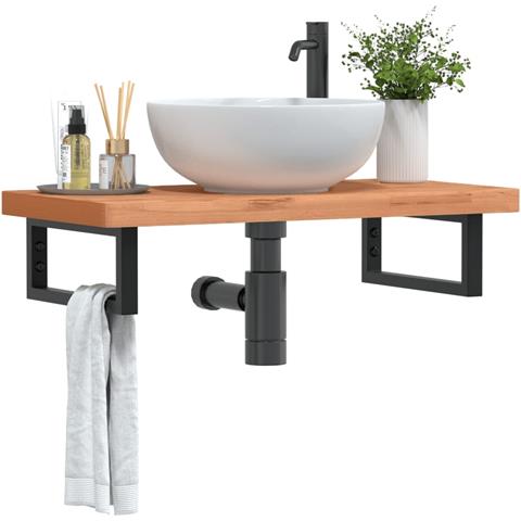 Ripiano a Parete per Lavabo in Acciaio e Massello di Faggio - Foto 2