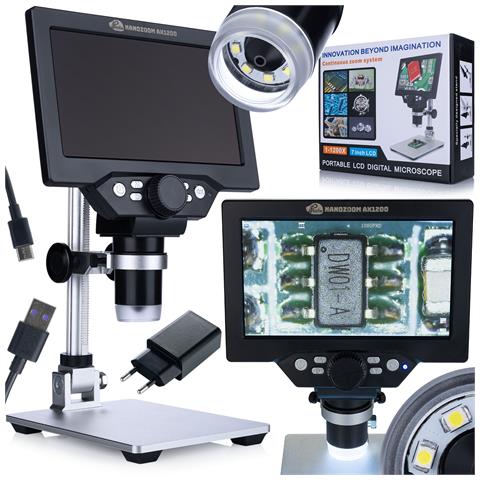 Mikroscopio Digitale Lcd 7"" Nanozoom Ax1200 - Ingrandimento 1200x | 12mp | Full Hd 1080p | Led | Usb | Microsd | Treppiede In Alluminio - Foto 1