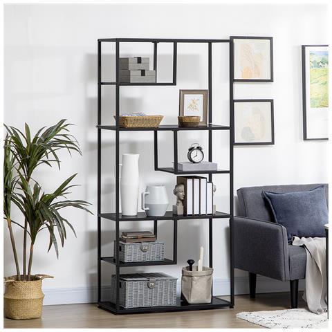 Mobile Libreria A 7 Livelli In Truciolato E Acciaio Per Soggiorno, Camera Da Letto E Ufficio, 83x34x180 Cm, Nero - Foto 2