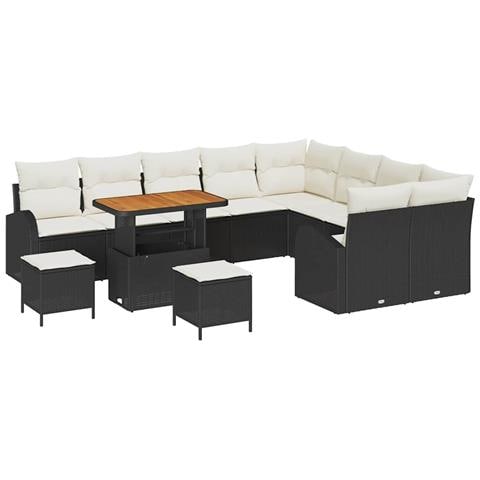 Set divano da giardino  a 12 pezzi con cuscini rattan nero acacia, Set tavolo da pranzo da giardino  a 3 pezzi con cuscini rattan nero acacia, Divano da giardino a 2 posti  con cuscini rattan nero - Foto 1