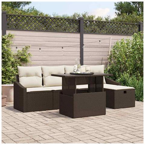 Set divano giardino 6 pezzi con cuscini Marrone Polyrattan - Foto 2