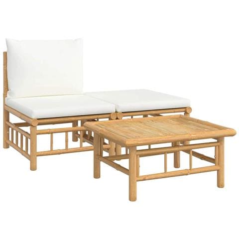 Set Salotto da Giardino 3pz con Cuscini Bianco Crema in Bambù - Foto 1